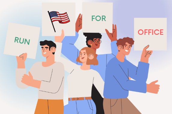 Four people holding signs that say "Run for Office"